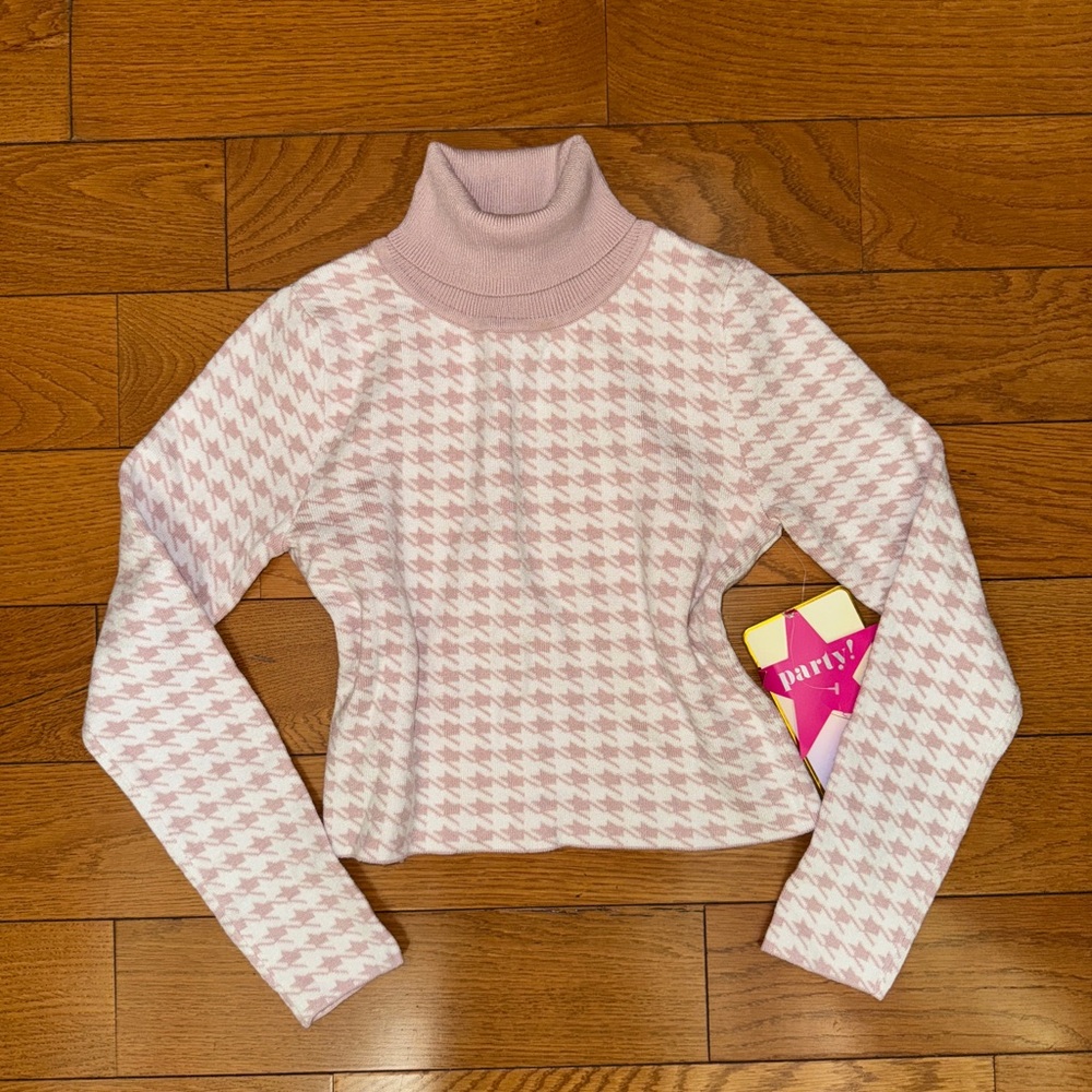 NWT Pink Houndstooth Turtleneck Sweater Openback Size XS